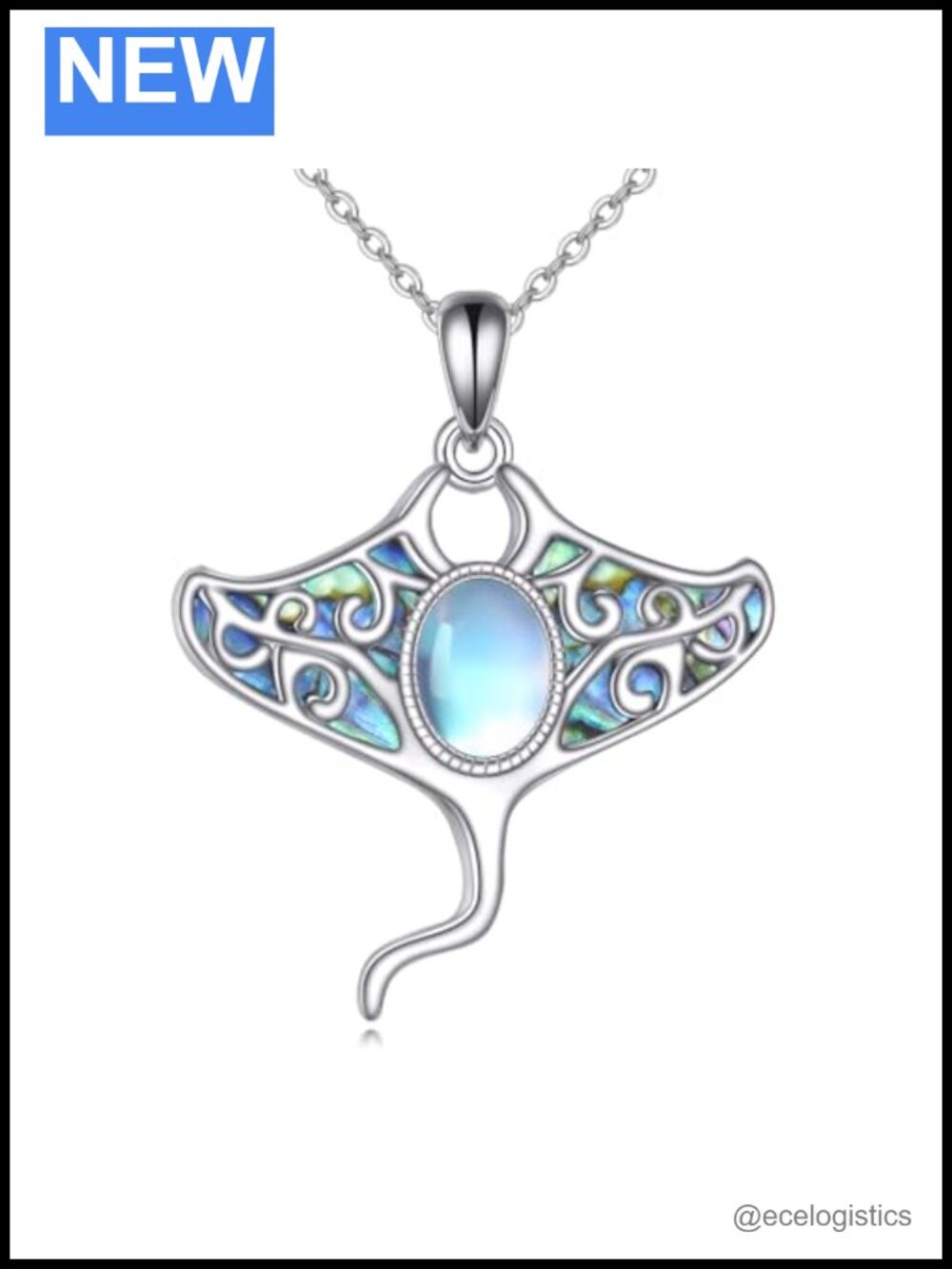 925 Sterling Silver Manta Ray Moonstone Pendant Necklace 18+2 Inch